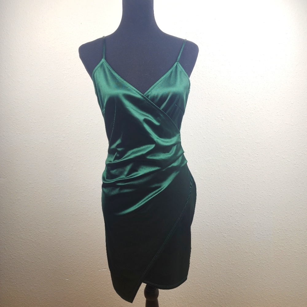 Windsor Satin Emerald Green Strappy Dress Bodycon Midi Party Women's Size Large